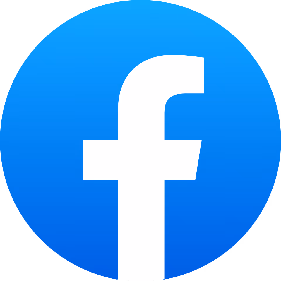 Facebook logo with a white lowercase f on a blue circular gradient background.